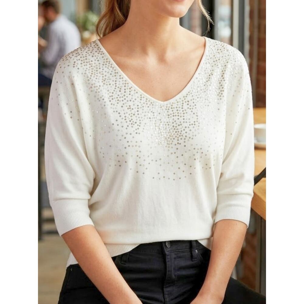 ELLE Off-White Sequin V-Neck Dolman Sweater M
